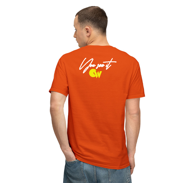 Classic Orange T-Shirt With Yellow/White Letters Front