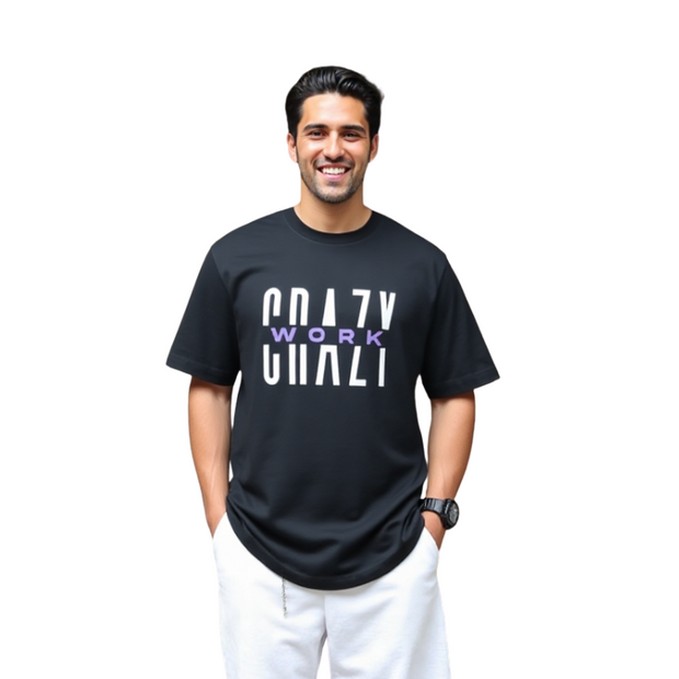Classic Black T-Shirt With White/Purple Letters Front