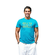 Classic Aqua Blue T-Shirt With Yellow/White Letters Front