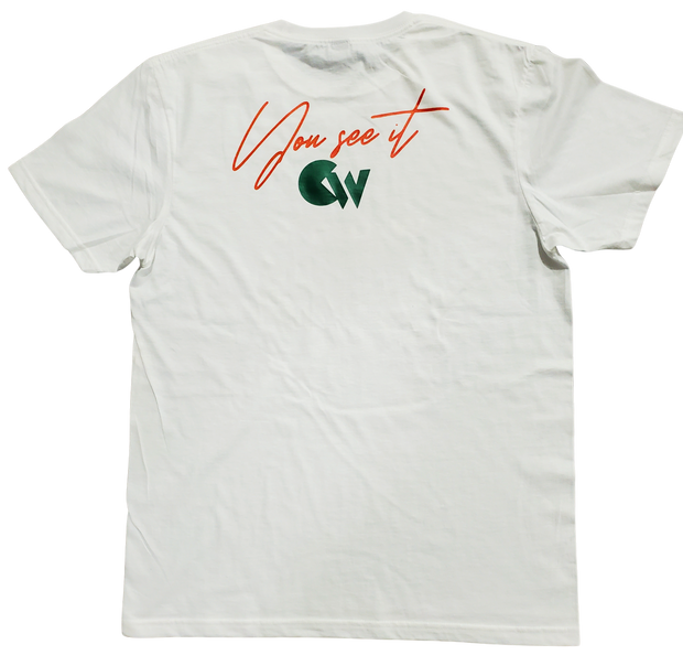 Classic White T-Shirt With Green/Orange Letters Front