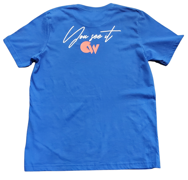 Classic Navy Blue T-Shirt With Orange/White Letters Front