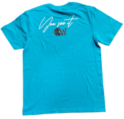 Classic Aqua Blue T-Shirt With Black/White Letters Front