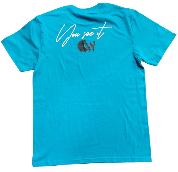 Classic Aqua Blue T-Shirt With Black/White Letters Front