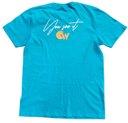 Classic Aqua Blue T-Shirt With Yellow/White Letters Front