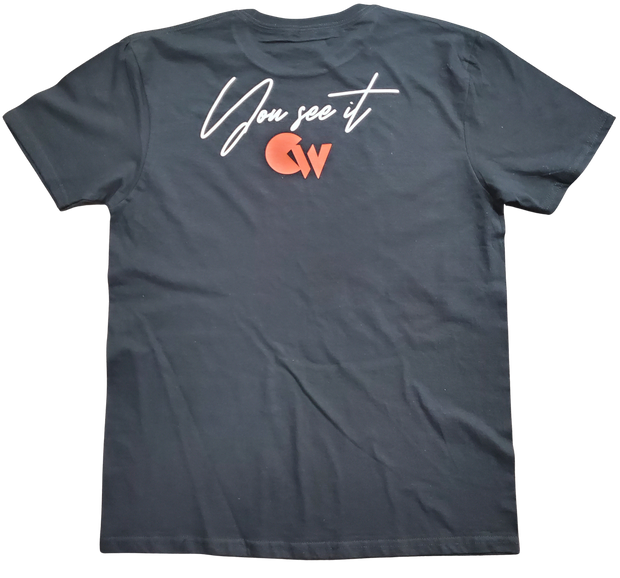 Classic Black T-Shirt With Orange/White Letters Front