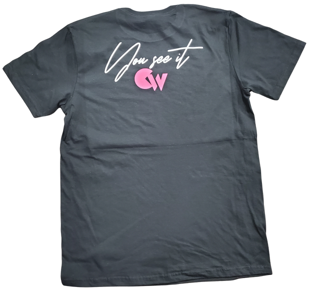 Classic Black T-Shirt With Pink/White Letters Front