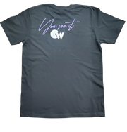 Classic Black T-Shirt With White/Purple Letters Front