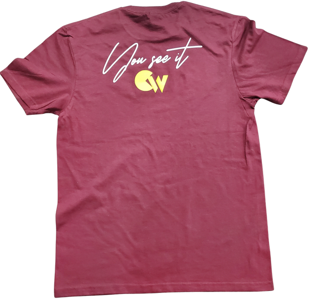 Classic Burgundy T-Shirt With Yellow/White Letters Front
