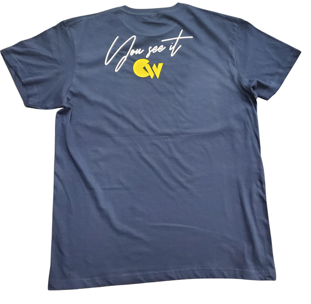 Classic Navy Blue T-Shirt With Yellow/White Letters Front