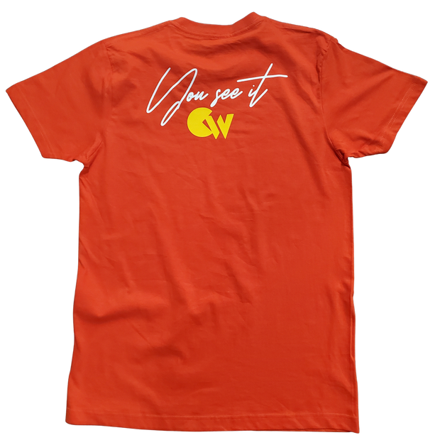 Classic Orange T-Shirt With Yellow/White Letters Front