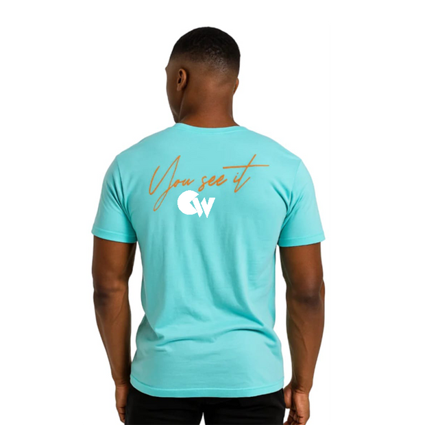 Classic Teal T-Shirt With White/Orange Letters Front
